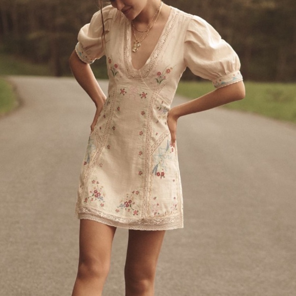 Anthropologie linen blend puff sleeve dress NWT